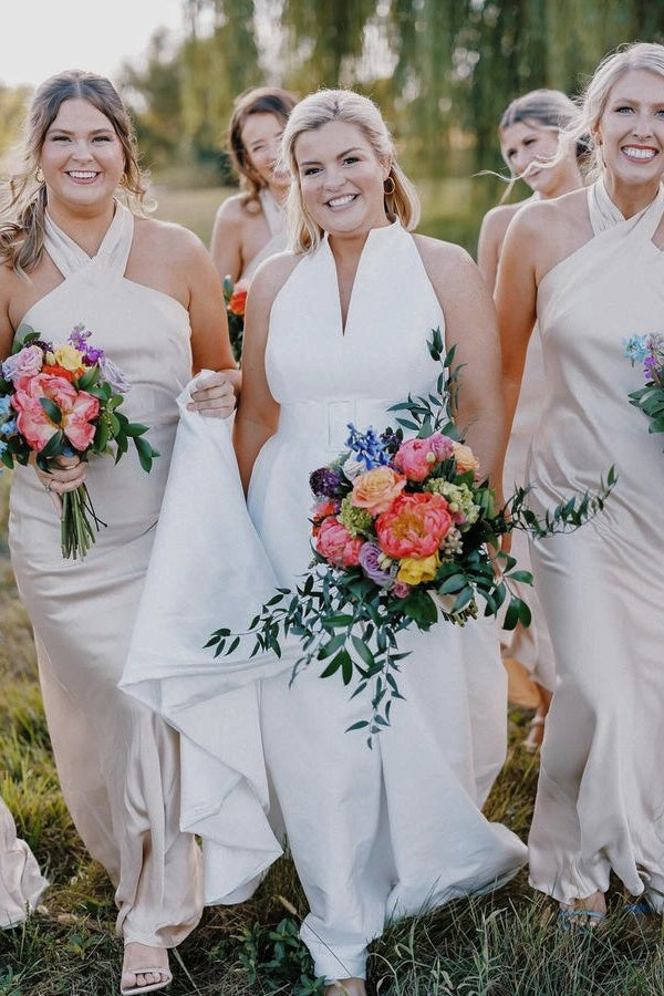 Rose Gold Long Bridesmaid Dresses with Criss Cross Neck