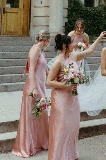 Rose Gold Long Bridesmaid Dresses with Criss Cross Neck