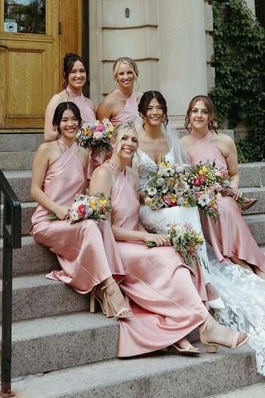 Rose Gold Long Bridesmaid Dresses with Criss Cross Neck