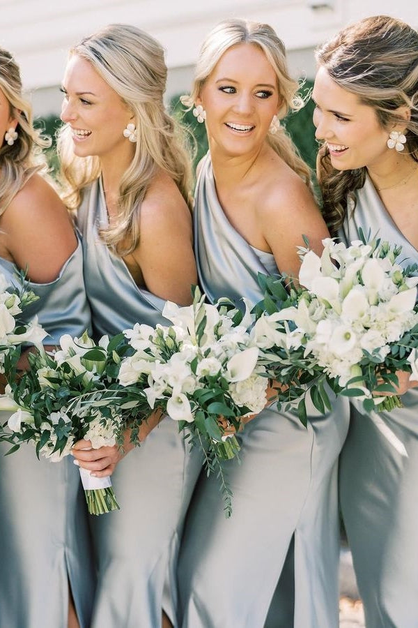 Asymmetrical Ruffle Slit Bridesmaid Dresses with One Shoulder