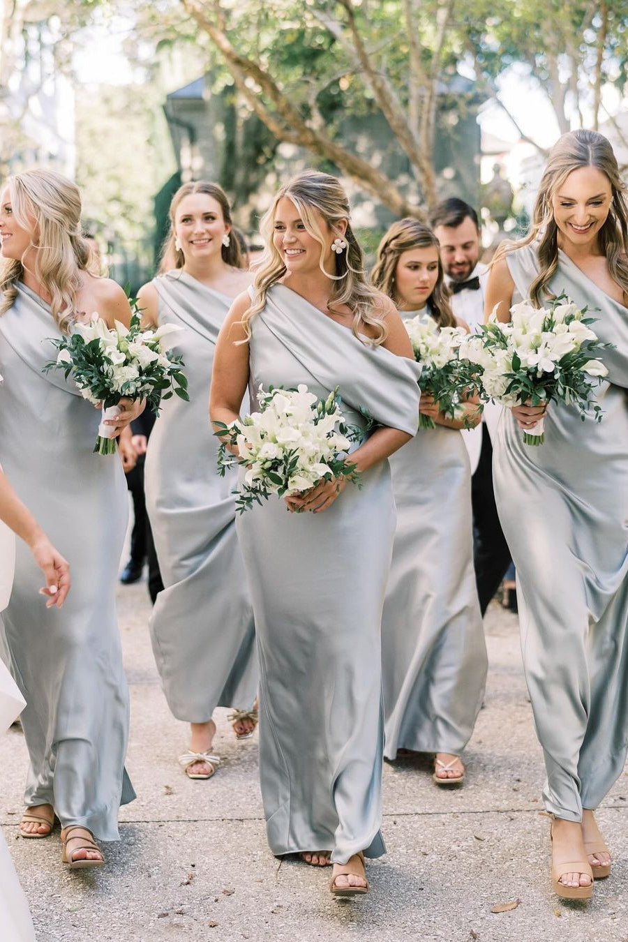 Asymmetrical Ruffle Slit Bridesmaid Dresses with One Shoulder