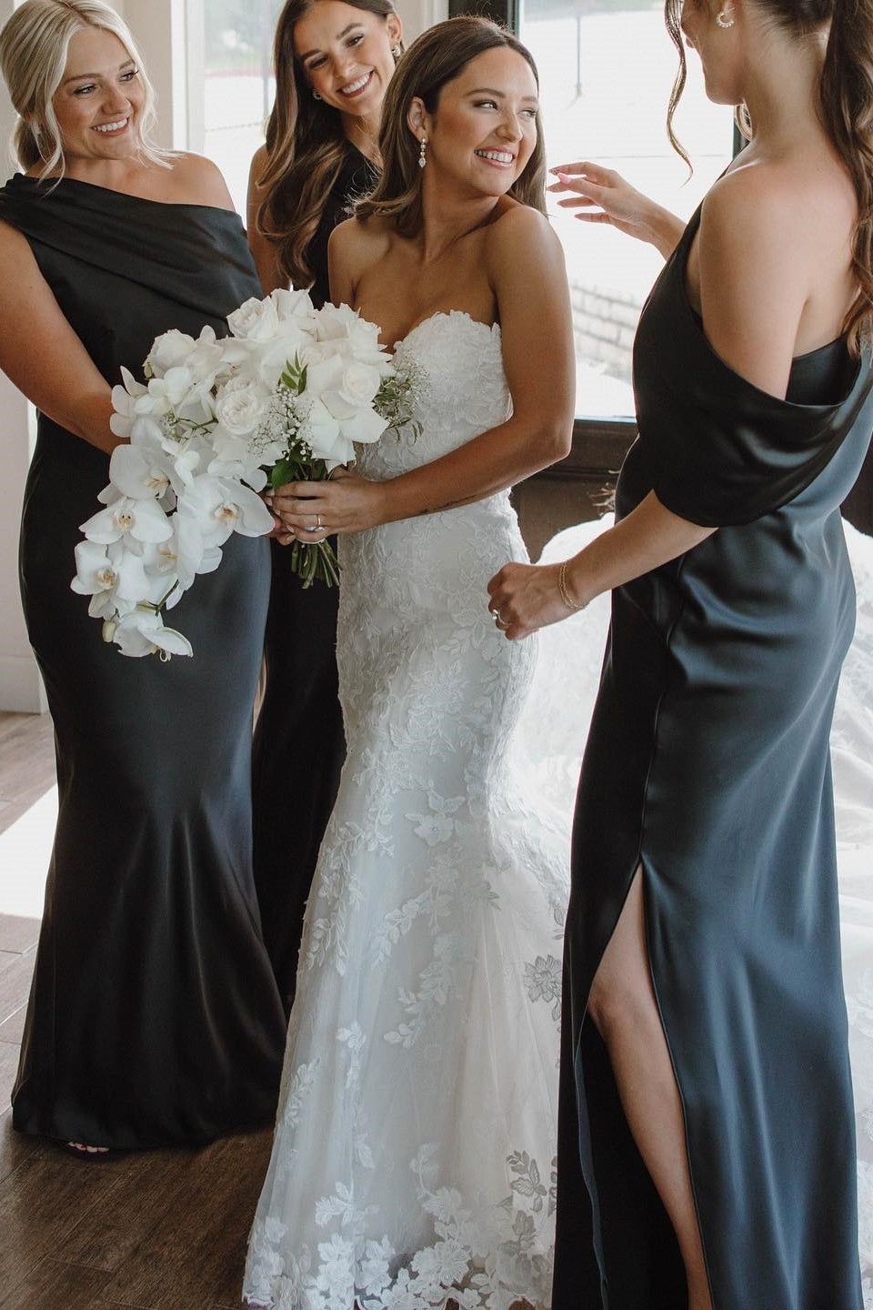 Asymmetrical Ruffle Slit Bridesmaid Dresses with One Shoulder