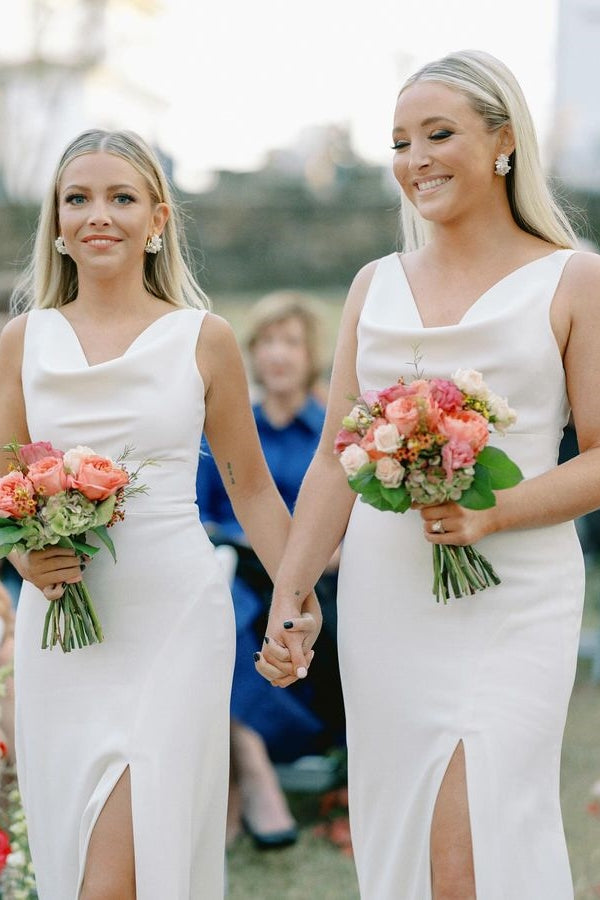 Elegant Cowl Neck Long Bridesmaid Dresses with Slit