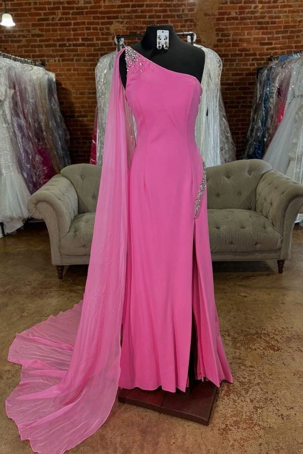 Asymmetrical One Shoulder Beaded Prom Dresses with Cape