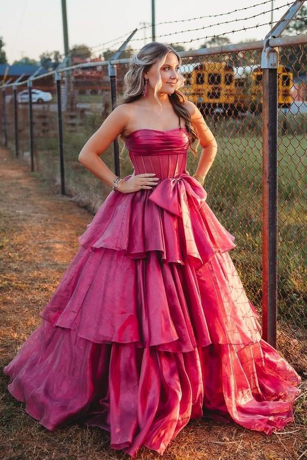 Strapless A-Line Ruffle Prom Dresses with Bow