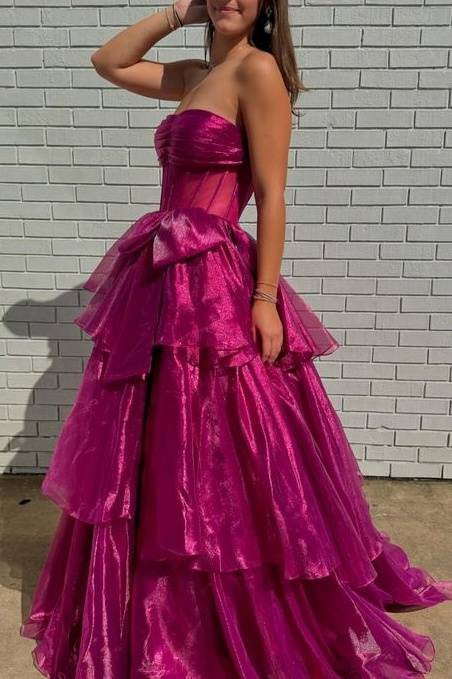 Strapless A-Line Ruffle Prom Dresses with Bow