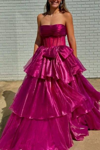 Strapless A-Line Ruffle Prom Dresses with Bow