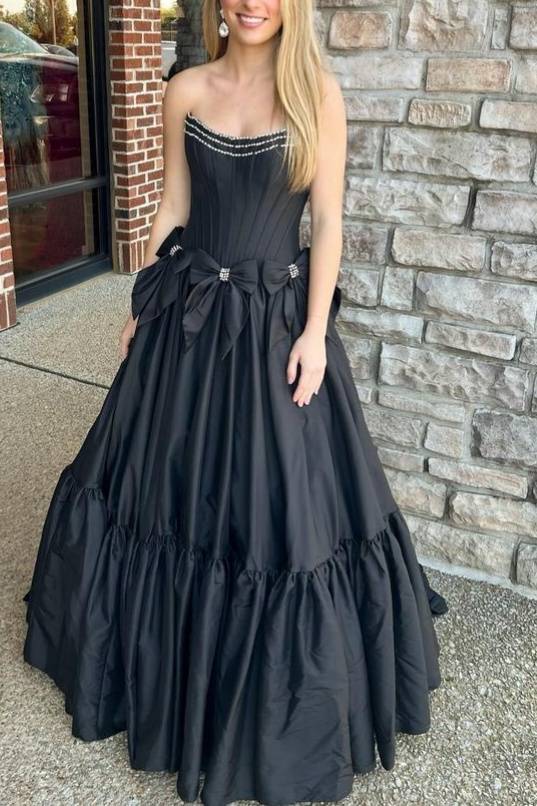 Black Strapless Beaded Ruffle Prom Dresses with Bow