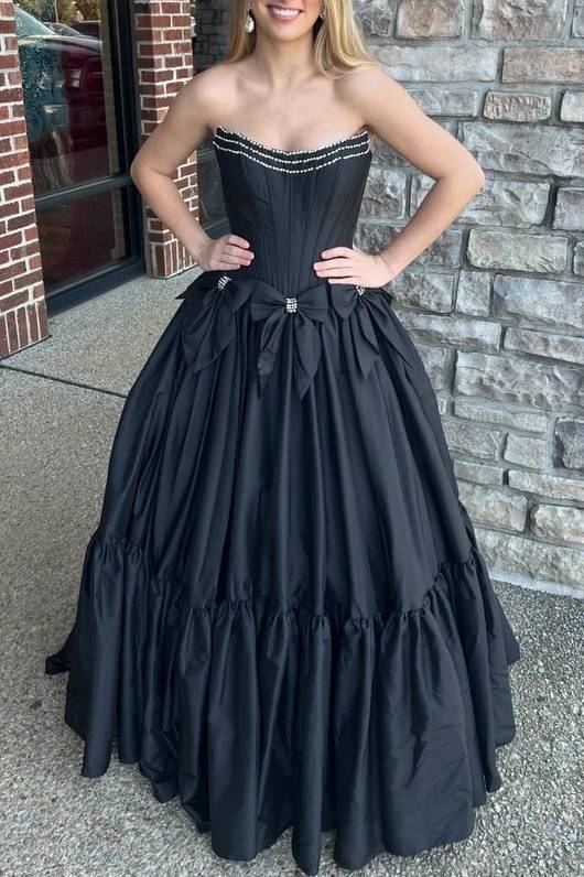 Black Strapless Beaded Ruffle Prom Dresses with Bow