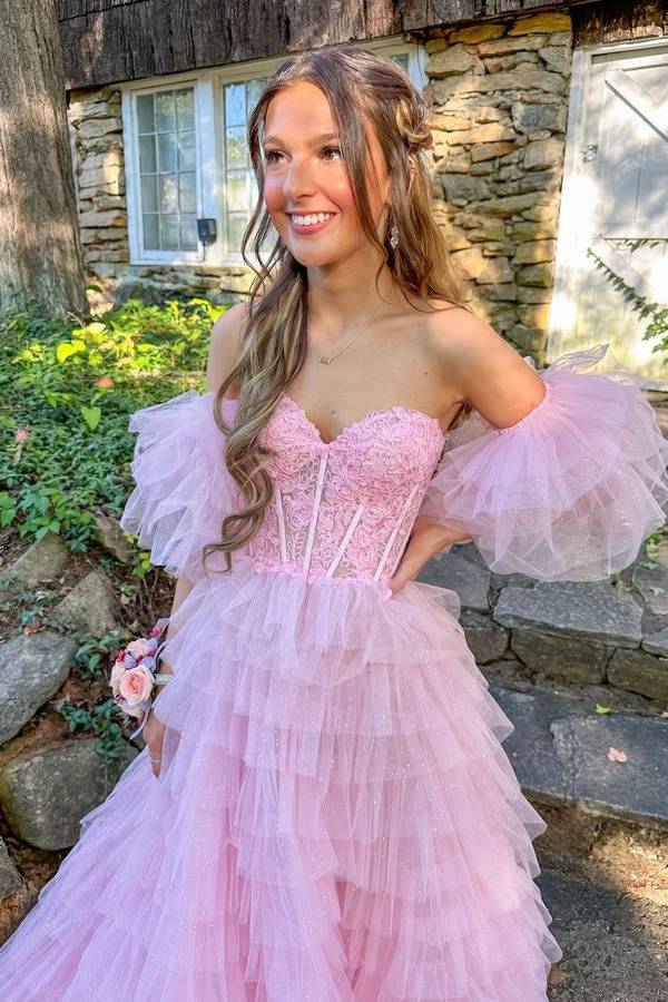 Pink Applique Layered Slit Prom Dresses with Detachable Sleeves