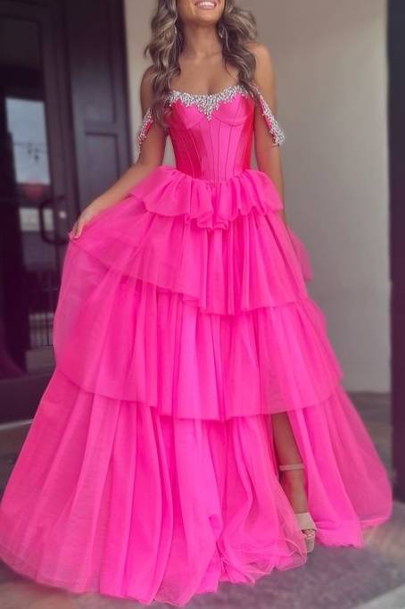 Hot Pink Beaded Tiered Slit Prom Dresses with Off the Shoulder