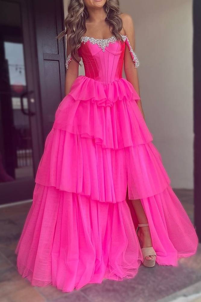 Hot Pink Beaded Tiered Slit Prom Dresses with Off the Shoulder