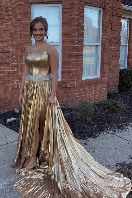 Metallic Gold Strapless Beaded Prom Dresses