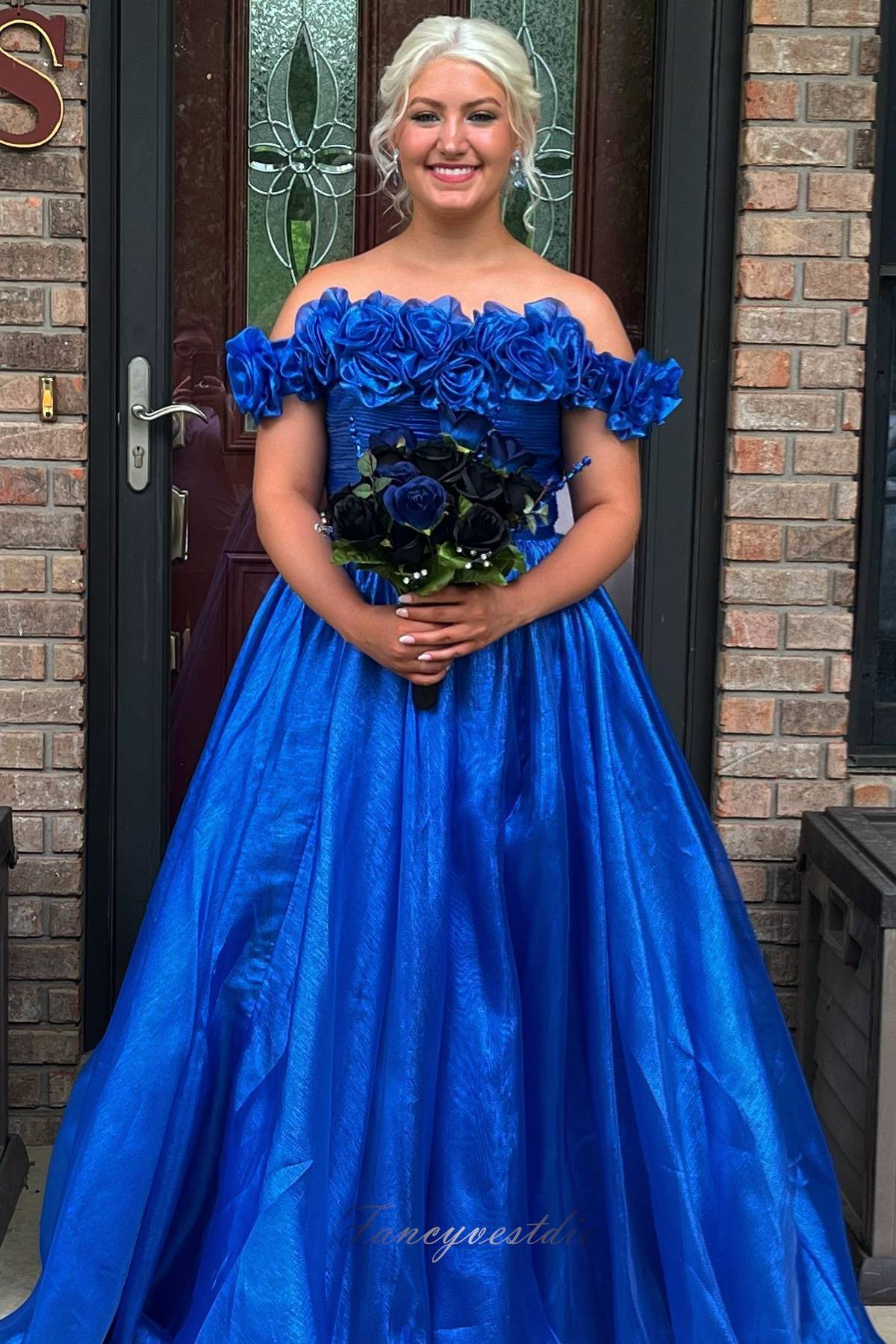 Royal Blue A-Line Pleated Prom Dress with Flower Off Shoulder