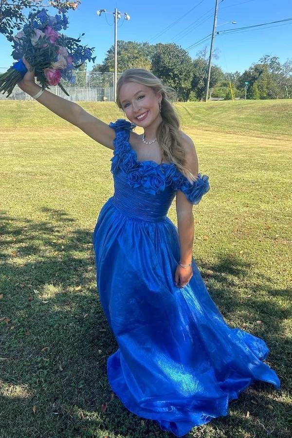 Royal Blue A-Line Pleated Prom Dresses with Flower Off Shoulder