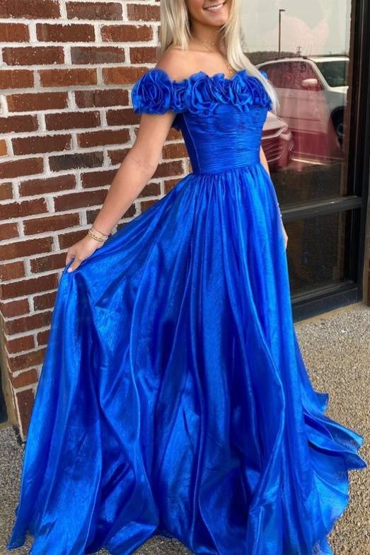 Royal Blue A-Line Pleated Prom Dresses with Flower Off Shoulder