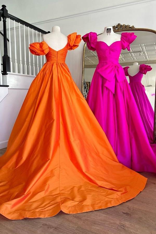 Sweetheart Orange Pleated A-Line Prom Dresses with Bow