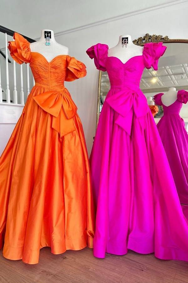 Sweetheart Orange Pleated A-Line Prom Dresses with Bow