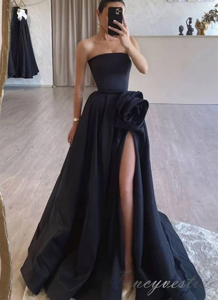 Strapless Black Satin Slit Prom Dress with Floral