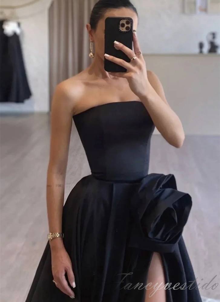 Strapless Black Satin Slit Prom Dress with Floral