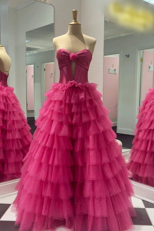 Fuchsia Strapless Keyhole Layered Tulle Prom Dress