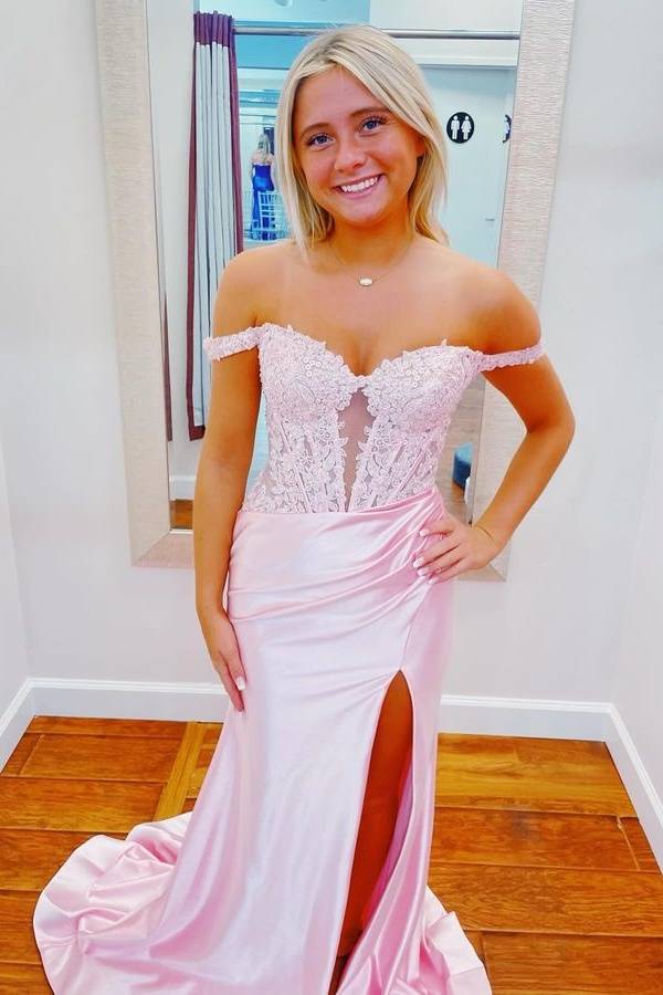 Pink Applique Slit Mermaid Prom Dress with Off Shoulder