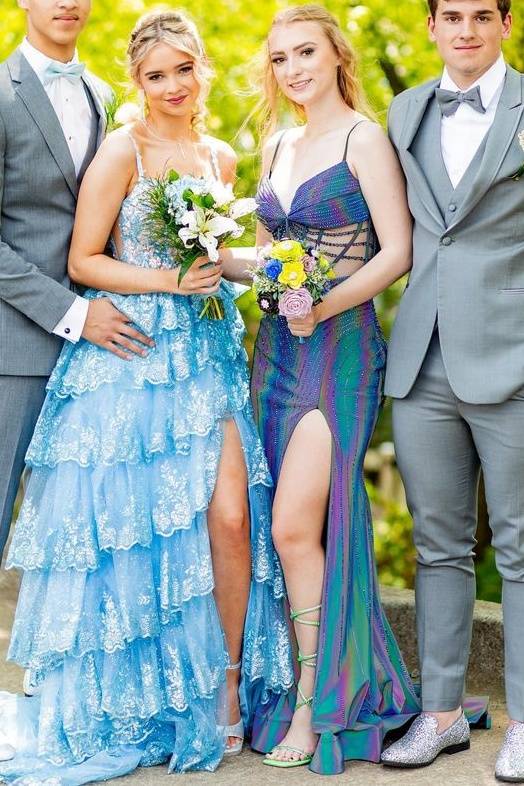 Blue Straps Sequin Applique Ruffle Prom Dress with Slit