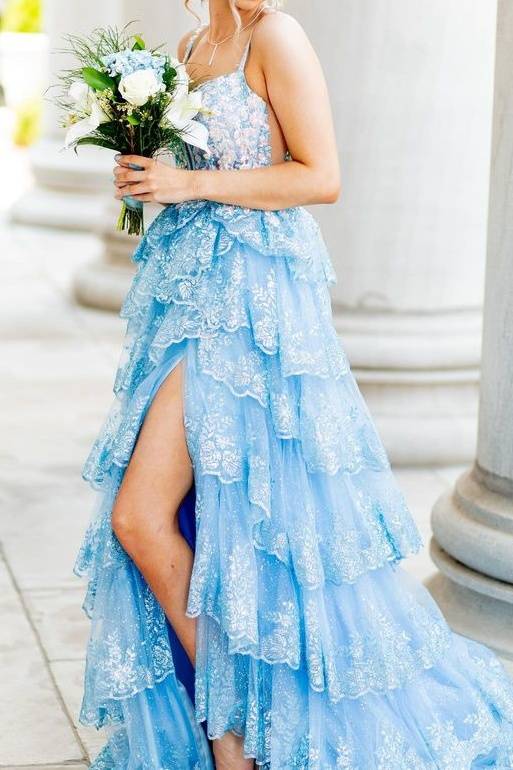 Blue Straps Sequin Applique Ruffle Prom Dress with Slit