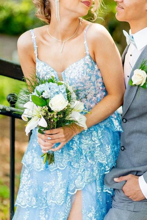 Blue Straps Sequin Applique Ruffle Prom Dress with Slit