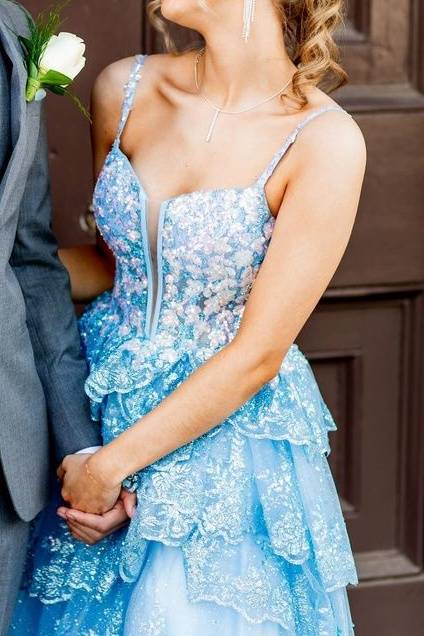 Blue Straps Sequin Applique Ruffle Prom Dress with Slit