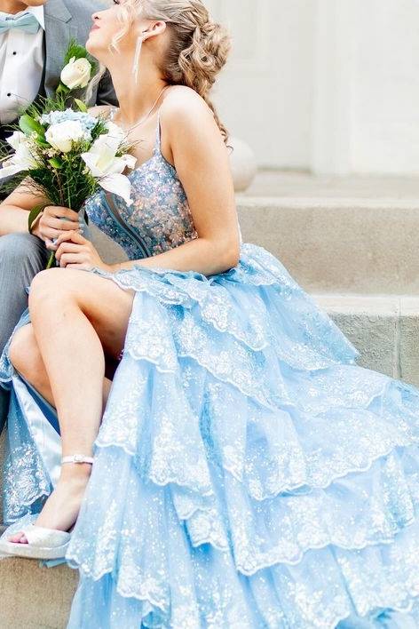 Blue Straps Sequin Applique Ruffle Prom Dress with Slit