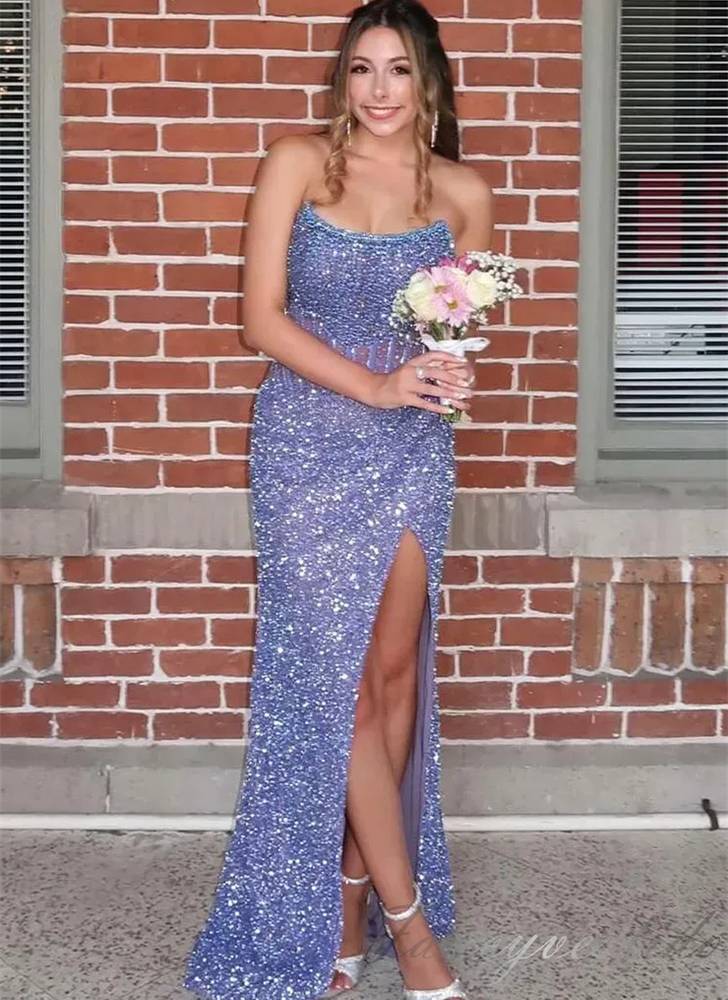 Lilac Scoop Neck Beaded Sequin Mermaid Prom Dress with Slit