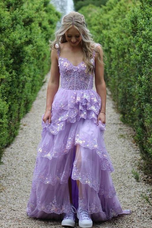 Straps Lavender Applique Ruffle Prom Dress with Slit