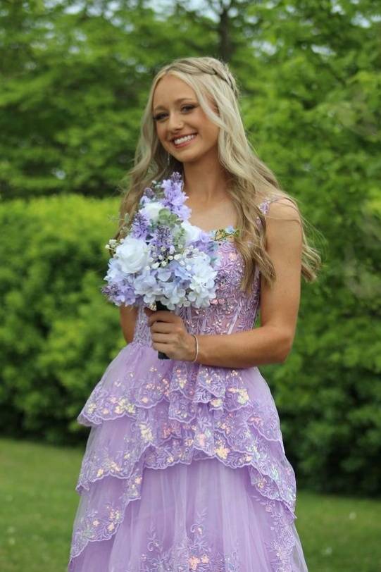 Straps Lavender Applique Ruffle Prom Dress with Slit