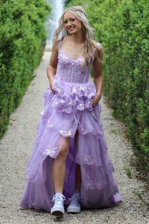 Straps Lavender Applique Ruffle Prom Dress with Slit