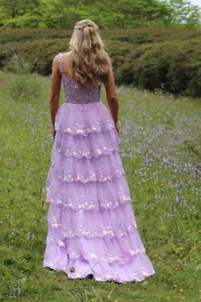 Straps Lavender Applique Ruffle Prom Dress with Slit