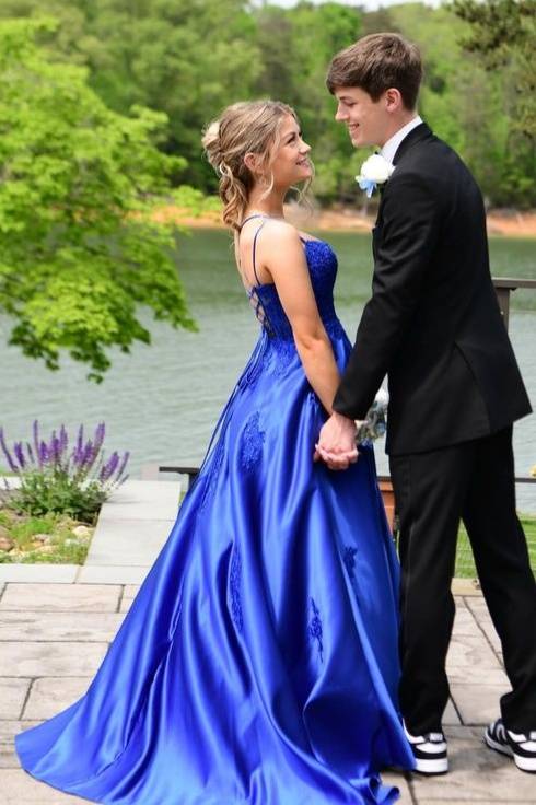 Royal Blue Applique A-Line Satin Prom Dress with Double Straps