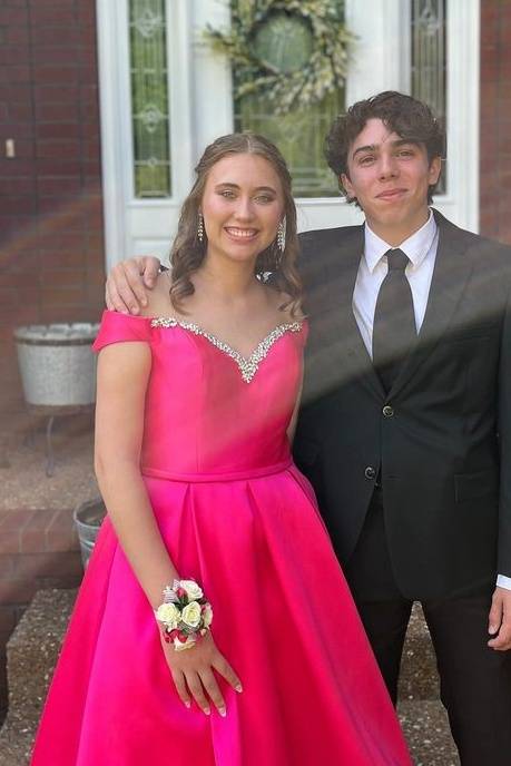 Hot Pink Beaded A-Line Satin Prom Dress with Off Shoulder