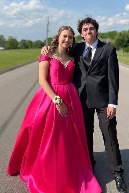 Hot Pink Beaded A-Line Satin Prom Dress with Off Shoulder