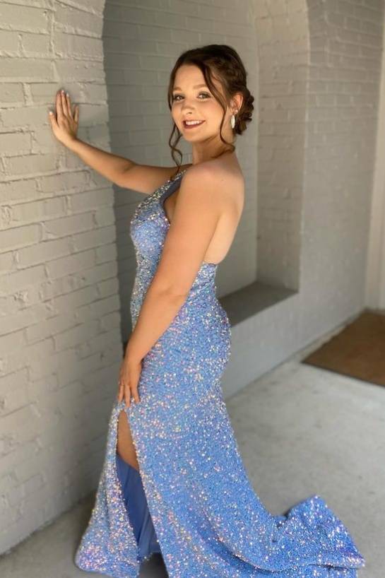 Blue Sequin Slit Mermaid Prom Dress with One Shoulder