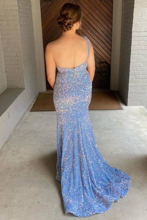 Blue Sequin Slit Mermaid Prom Dress with One Shoulder