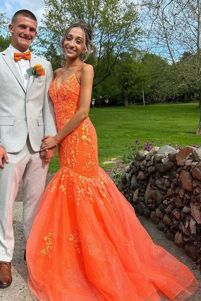 Orange Applique Mermaid Prom Dress with Lace-up Back 