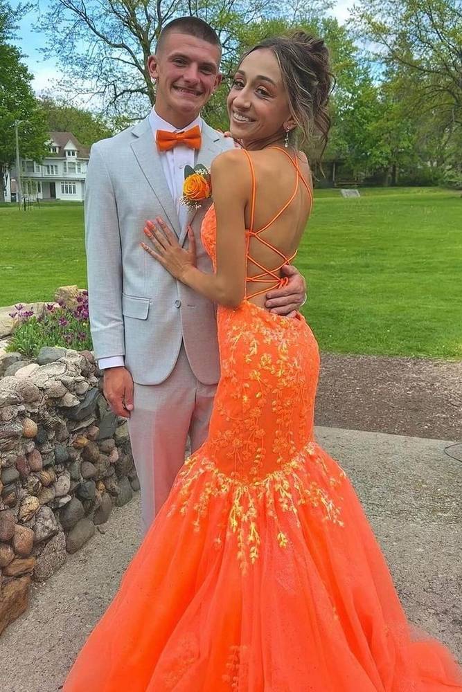 Orange Applique Mermaid Prom Dress with Lace-up Back 