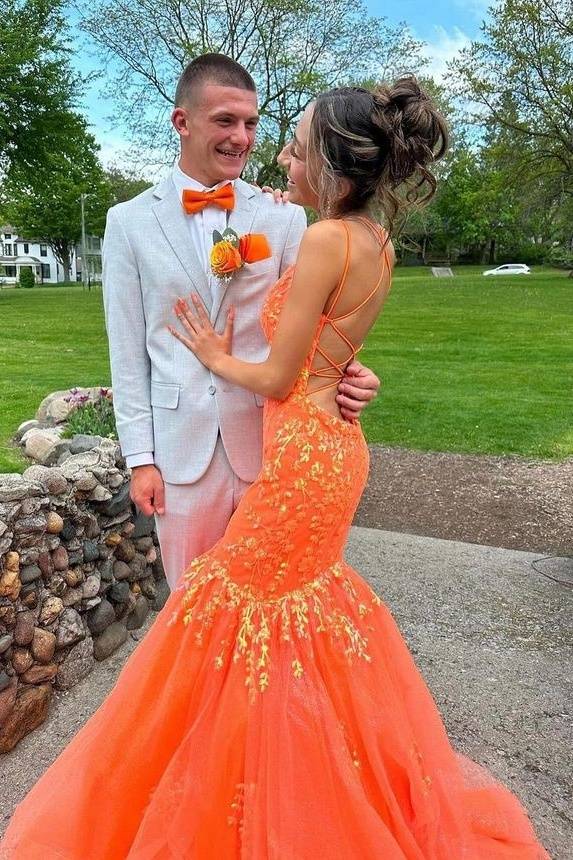 Orange Applique Mermaid Prom Dress with Lace-up Back 