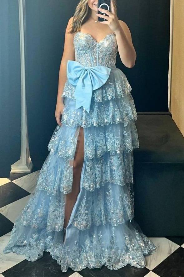 Strapless Applique Ruffle Prom Dress with Bow