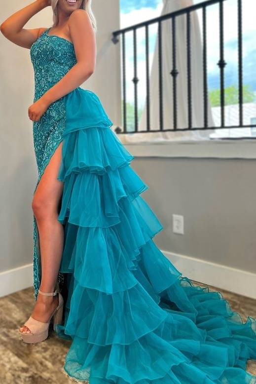 One Shoulder Applique Prom Dress with Ruffle Train