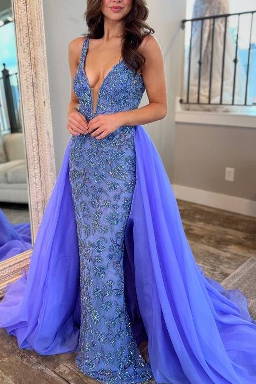 Pluning Neck Applique Prom Dress with Train