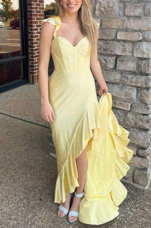 Straps Yellow Beaded Mermaid Prom Dress with Ruffle