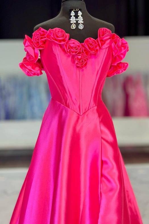 Hot Pink Sweetheart Satin Prom Dress with Flower Off Shoulder