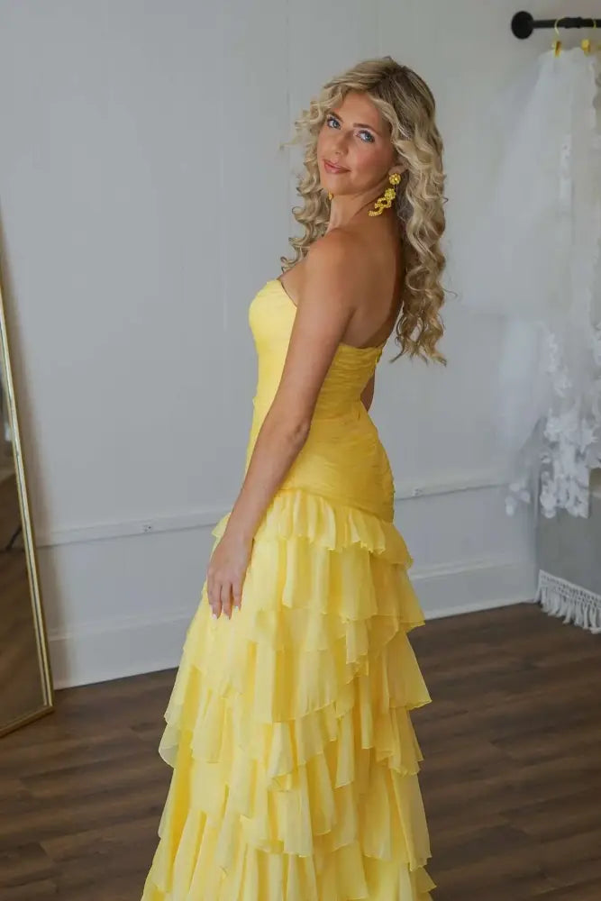 Sweetheart Yellow Pleated Ruffle Prom Dress with Slit